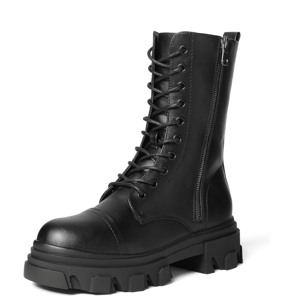 Women’s Combat Boots Lace Up Mid Calf Boots Low Heel Chunky Platform Lug